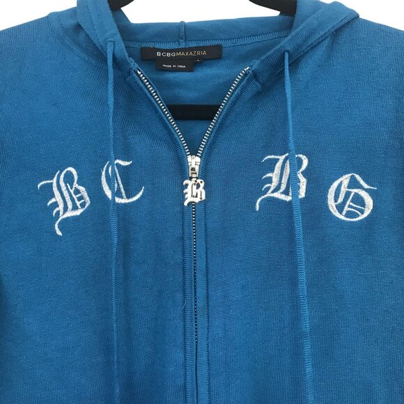 BCBGMaxAzria Blue Hooded Zip-Up Sweater Embroidered Letters Studded Size L Y2K - Picture 4 of 10